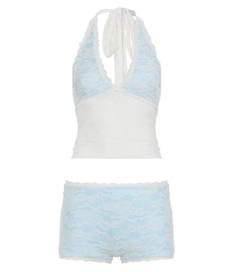 Cozy Chic: Delicate Lace Halter Bralette & Boy Shorts Set for Fall Nights In