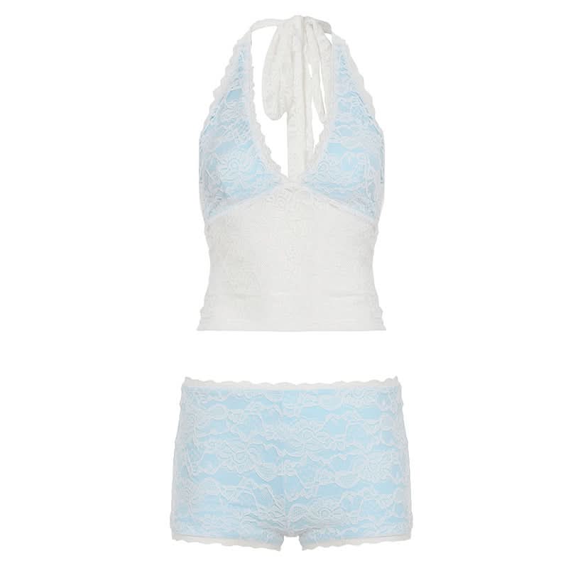 Cozy Chic: Delicate Lace Halter Bralette & Boy Shorts Set for Fall Nights In