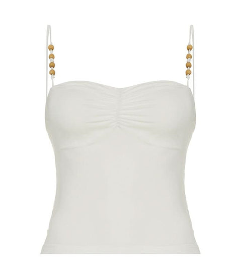 Chic White Ruched Cami Top with Beaded Straps - Perfect for Fall Layering & Resort Style