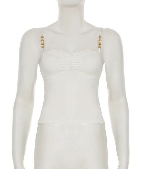 Chic White Ruched Cami Top with Beaded Straps - Perfect for Fall Layering & Resort Style