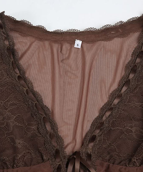 Fall Fairycore Sheer Mesh Tie-Front Top | Romantic Lace Trim Long Sleeve Blouse