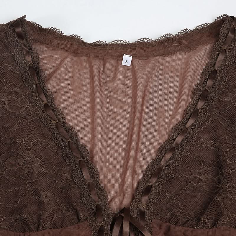 Fall Fairycore Sheer Mesh Tie-Front Top | Romantic Lace Trim Long Sleeve Blouse