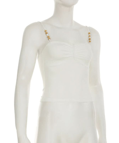 Chic White Ruched Cami Top with Beaded Straps - Perfect for Fall Layering & Resort Style