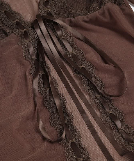 Fall Fairycore Sheer Mesh Tie-Front Top | Romantic Lace Trim Long Sleeve Blouse