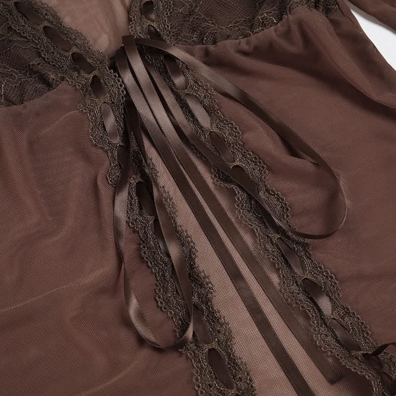 Fall Fairycore Sheer Mesh Tie-Front Top | Romantic Lace Trim Long Sleeve Blouse