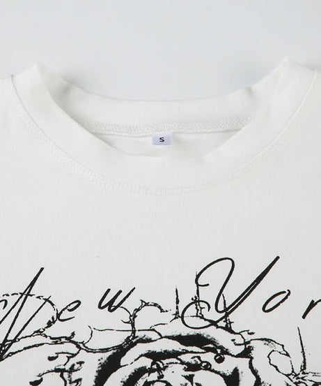 New York Rose & Red Star Graphic Fitted Tee - Women's Edgy Y2K Street Style Top