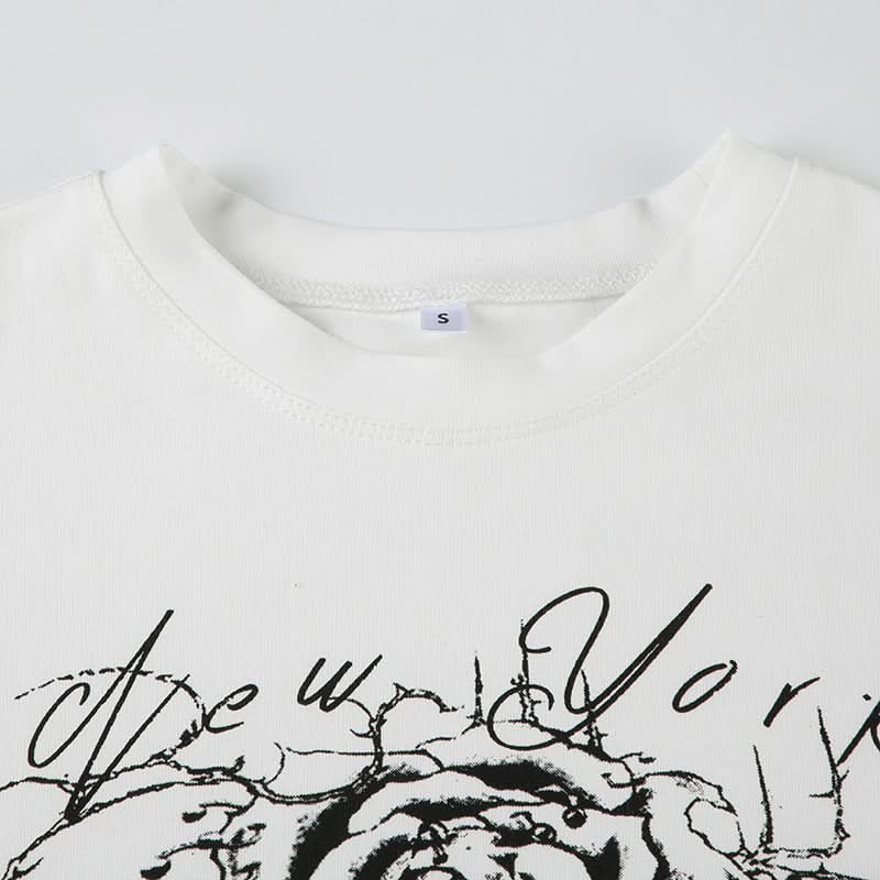 New York Rose & Red Star Graphic Fitted Tee - Women's Edgy Y2K Street Style Top