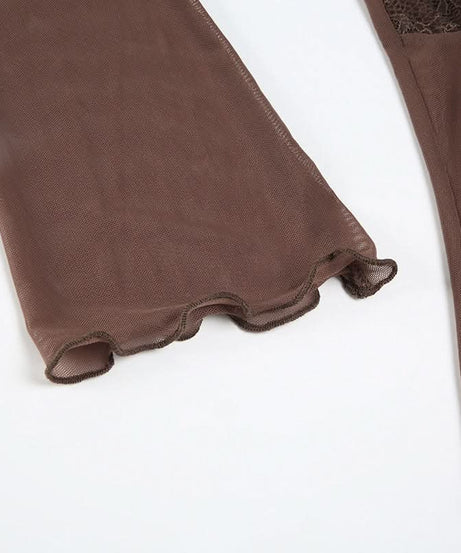 Fall Fairycore Sheer Mesh Tie-Front Top | Romantic Lace Trim Long Sleeve Blouse