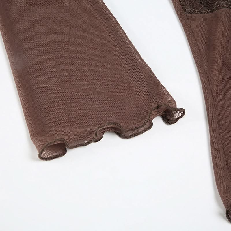 Fall Fairycore Sheer Mesh Tie-Front Top | Romantic Lace Trim Long Sleeve Blouse