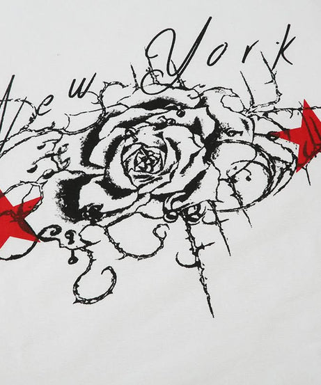 New York Rose & Red Star Graphic Fitted Tee - Women's Edgy Y2K Street Style Top