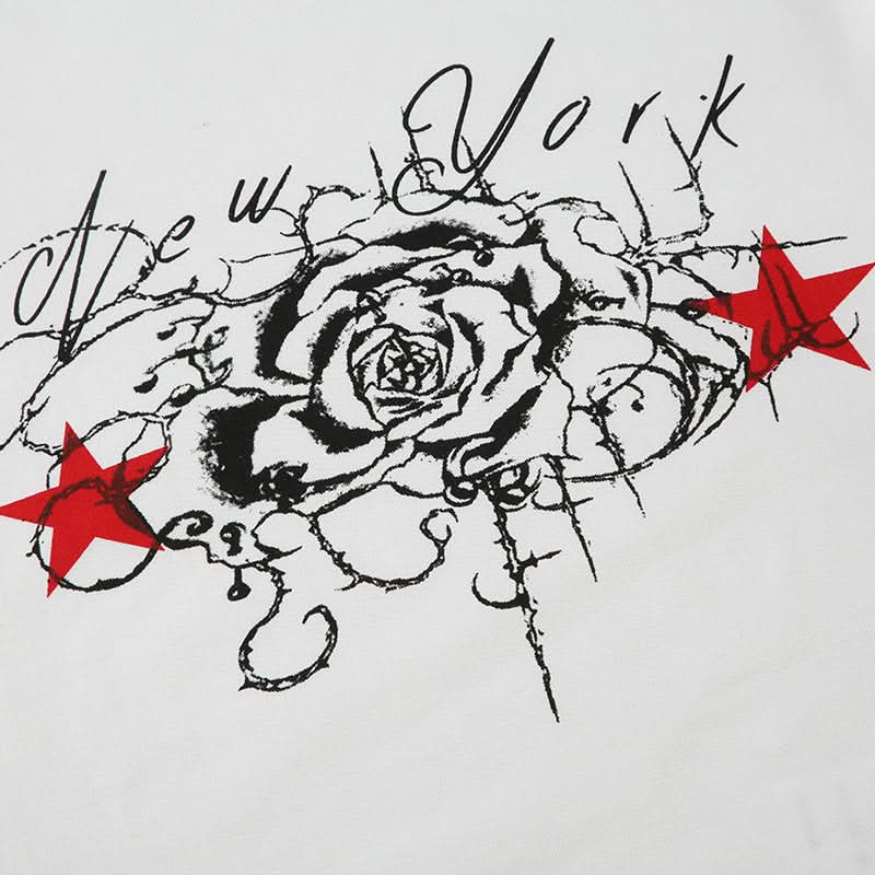 New York Rose & Red Star Graphic Fitted Tee - Women's Edgy Y2K Street Style Top