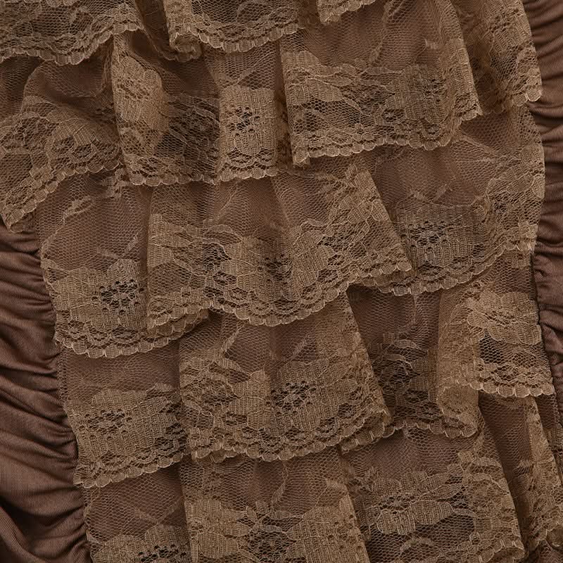 Fall Romance: Mocha Brown Lace Tiered Backless Tube Top - Chic Ruched Style