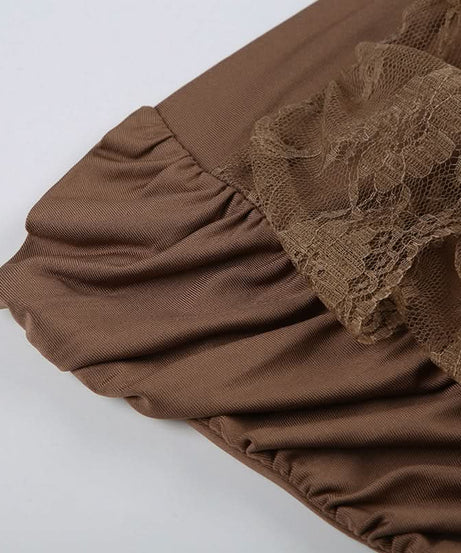 Fall Romance: Mocha Brown Lace Tiered Backless Tube Top - Chic Ruched Style