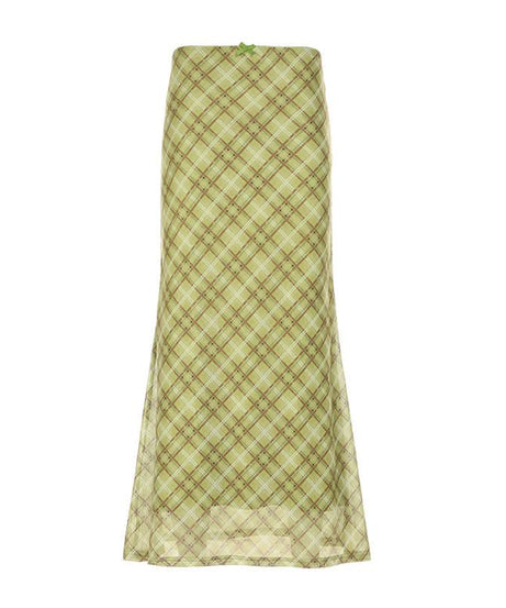 Fall Chic Sage Green Plaid Midi Skirt | Mesh & Subtle Bow Detail