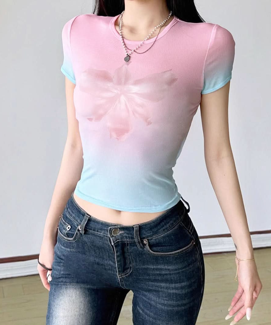 Y2K Aesthetic Ombre Butterfly Mesh Crop Top – Pink & Blue Gradient Sheer Tee