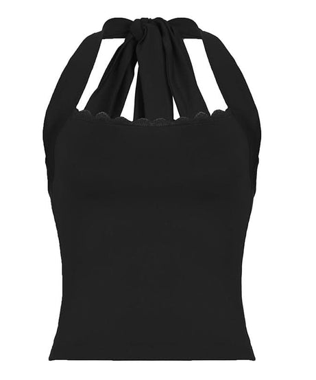 Chic Black Halter Tie-Back Top with Scalloped Lace - Perfect for Fall Nights & Vacations