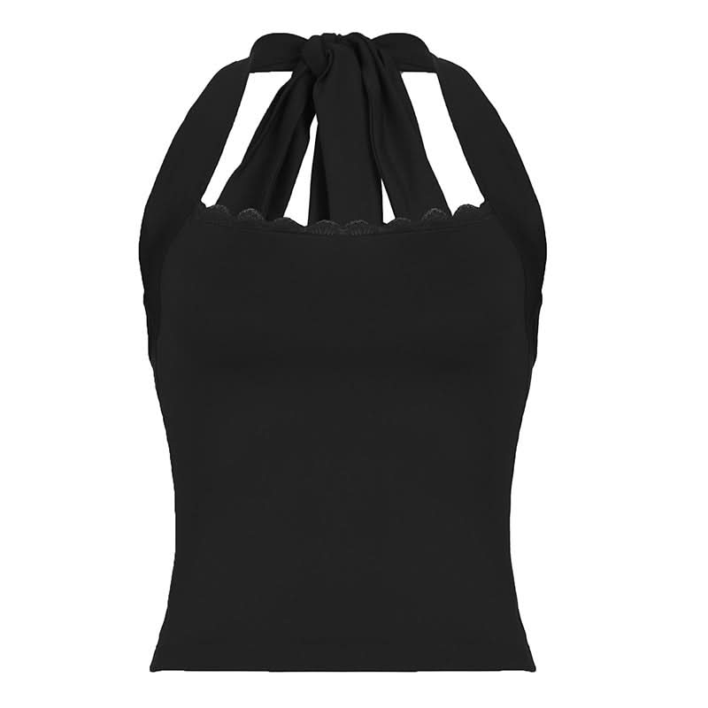 Chic Black Halter Tie-Back Top with Scalloped Lace - Perfect for Fall Nights & Vacations
