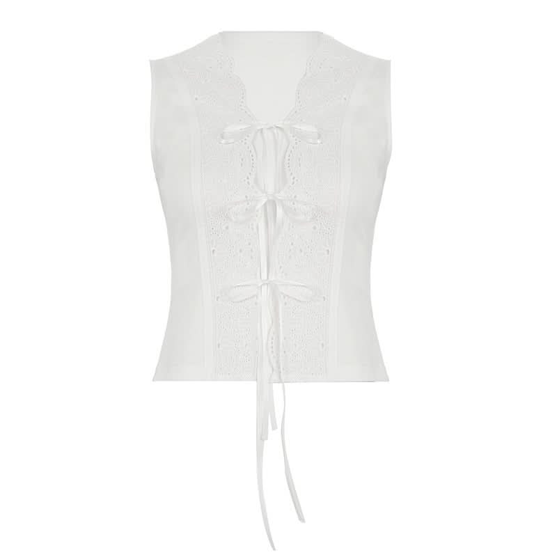 Romantic Eyelet Lace Tie-Front Sleeveless Blouse - Your Essential Fall Layering Piece