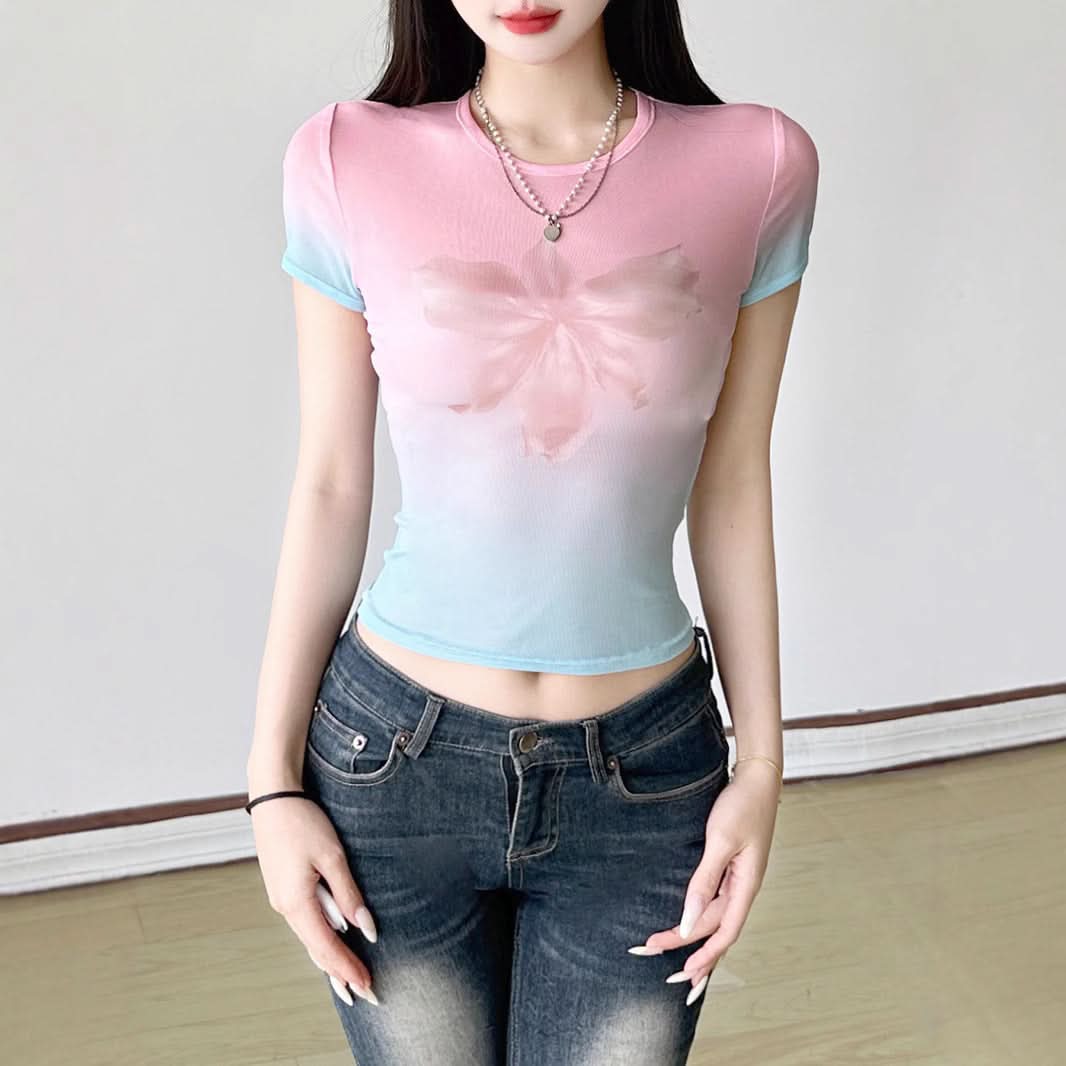 Y2K Aesthetic Ombre Butterfly Mesh Crop Top – Pink & Blue Gradient Sheer Tee