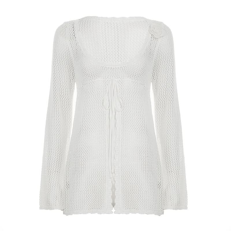 Y2K Chic Mesh Tie-Front Long Sleeve Top - Effortless Fall Layering & Festival Style