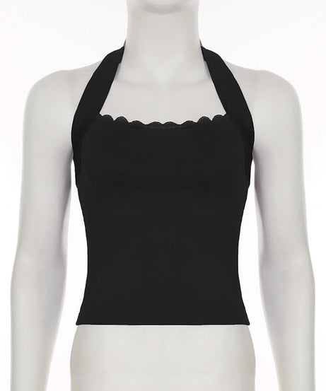 Chic Black Halter Tie-Back Top with Scalloped Lace - Perfect for Fall Nights & Vacations