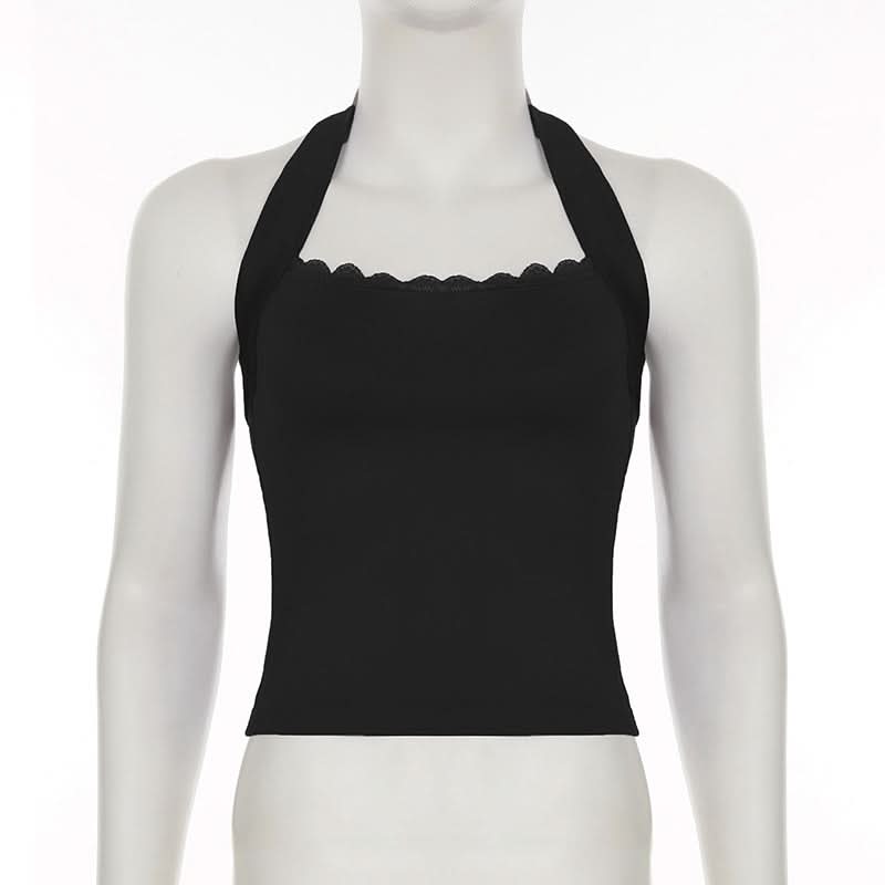 Chic Black Halter Tie-Back Top with Scalloped Lace - Perfect for Fall Nights & Vacations