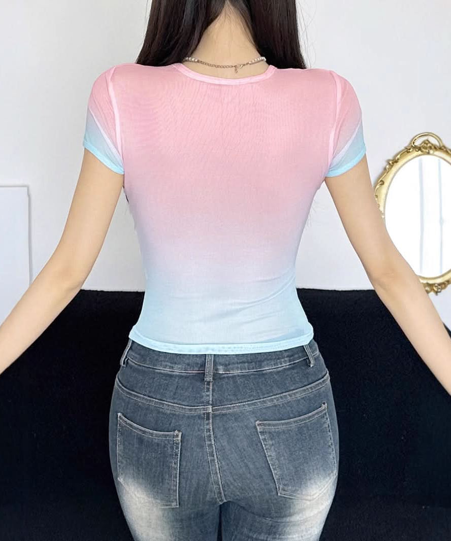 Y2K Aesthetic Ombre Butterfly Mesh Crop Top – Pink & Blue Gradient Sheer Tee