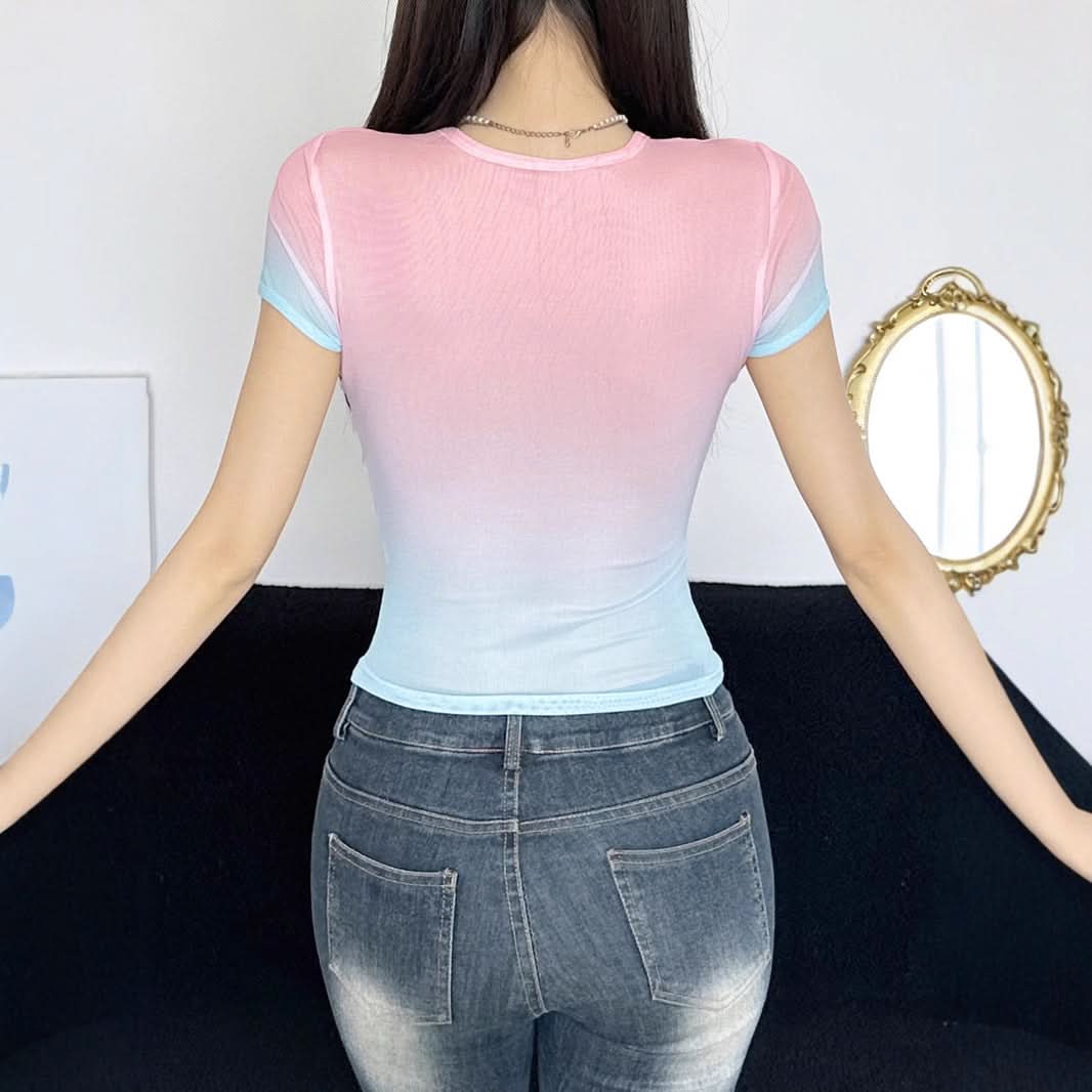 Y2K Aesthetic Ombre Butterfly Mesh Crop Top – Pink & Blue Gradient Sheer Tee