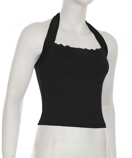 Chic Black Halter Tie-Back Top with Scalloped Lace - Perfect for Fall Nights & Vacations