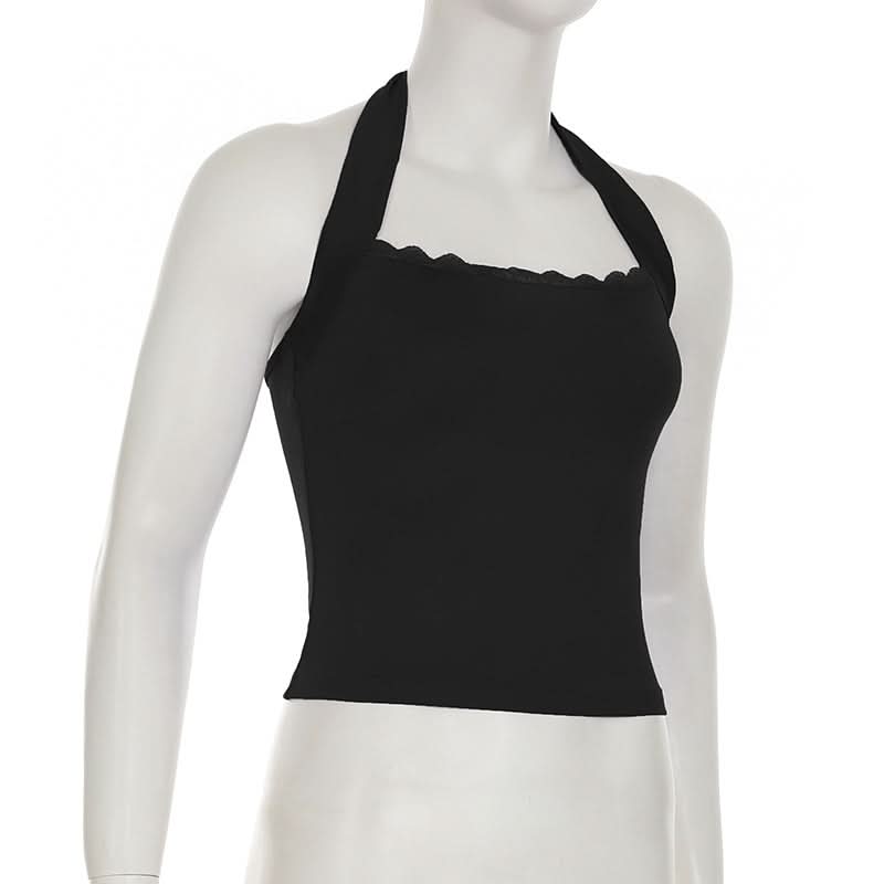 Chic Black Halter Tie-Back Top with Scalloped Lace - Perfect for Fall Nights & Vacations