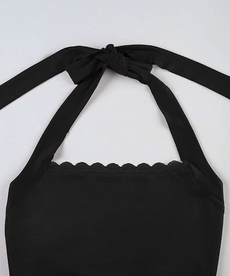 Chic Black Halter Tie-Back Top with Scalloped Lace - Perfect for Fall Nights & Vacations