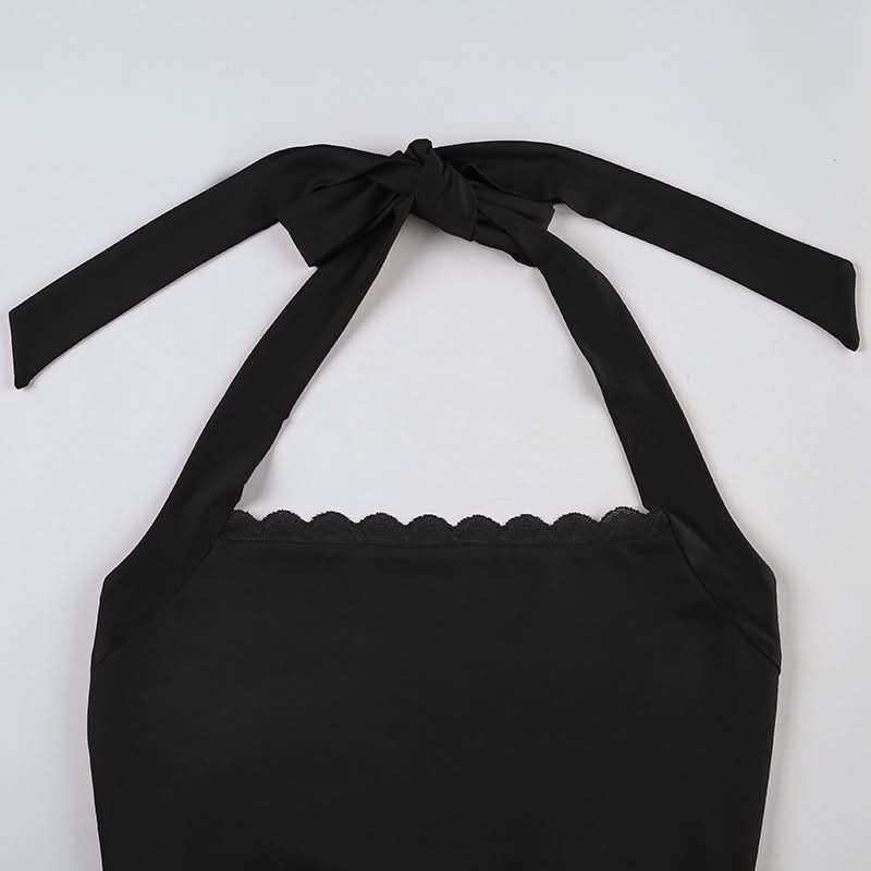 Chic Black Halter Tie-Back Top with Scalloped Lace - Perfect for Fall Nights & Vacations
