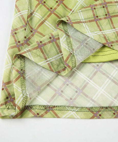 Fall Chic Sage Green Plaid Midi Skirt | Mesh & Subtle Bow Detail