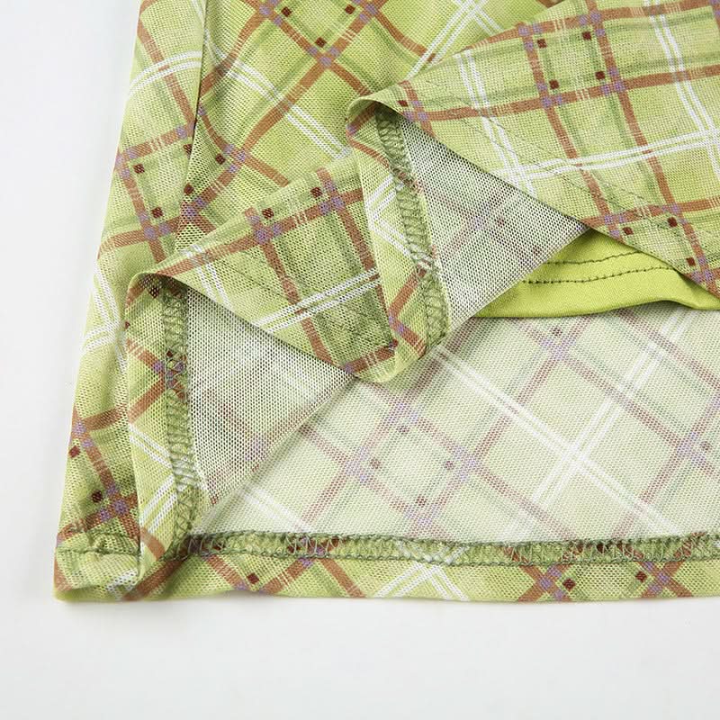 Fall Chic Sage Green Plaid Midi Skirt | Mesh & Subtle Bow Detail