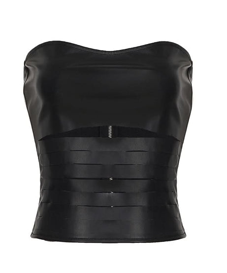 Fierce Faux Leather Strapless Bustier Top with Zipper & Cutout Waist - Fall Nights & Halloween Ready