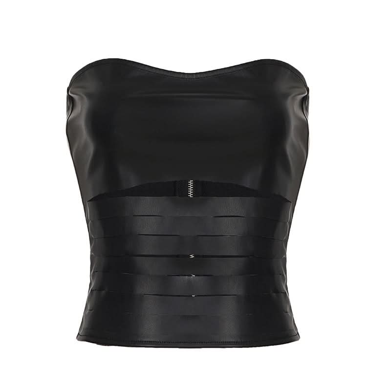 Fierce Faux Leather Strapless Bustier Top with Zipper & Cutout Waist - Fall Nights & Halloween Ready