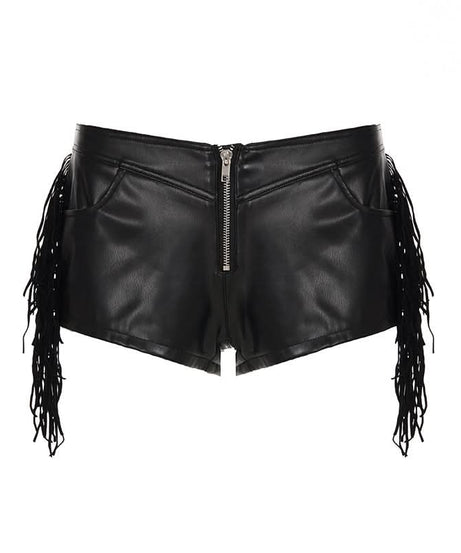 Women's Edgy Faux Leather Fringe Shorts - Zip Front | Fall & Halloween Statement Style