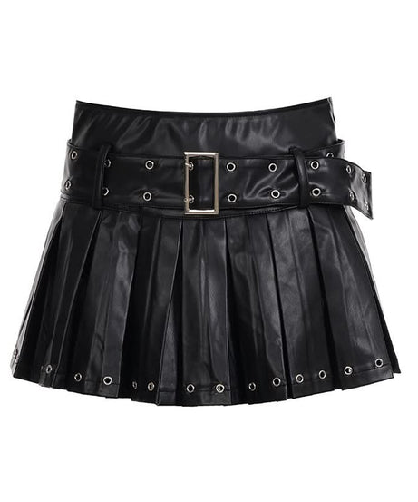 Edgy Chic Faux Leather Pleated Mini Skirt with Grommet Belt - Fall & Halloween Ready