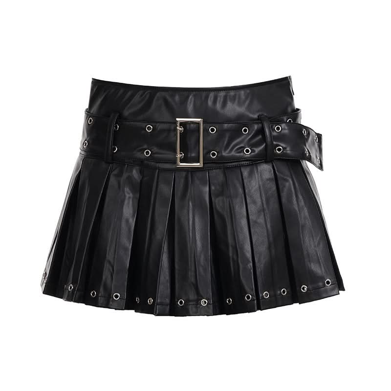 Edgy Chic Faux Leather Pleated Mini Skirt with Grommet Belt - Fall & Halloween Ready