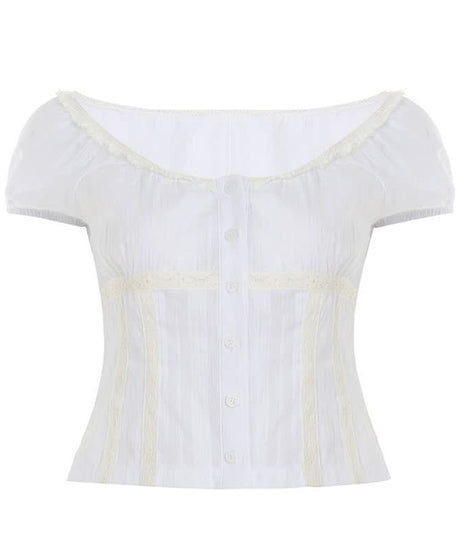 Romantic Lace-Trim Puff Sleeve Blouse - Chic Button Front Top for Fall Layering & Timeless Style