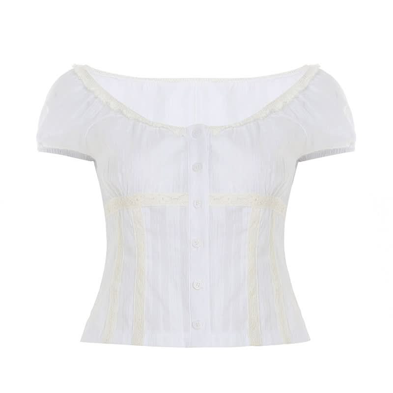 Romantic Lace-Trim Puff Sleeve Blouse - Chic Button Front Top for Fall Layering & Timeless Style