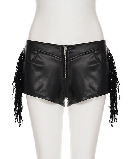 Women's Edgy Faux Leather Fringe Shorts - Zip Front | Fall & Halloween Statement Style