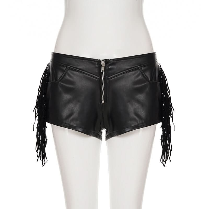 Women's Edgy Faux Leather Fringe Shorts - Zip Front | Fall & Halloween Statement Style