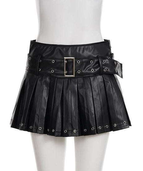 Edgy Chic Faux Leather Pleated Mini Skirt with Grommet Belt - Fall & Halloween Ready