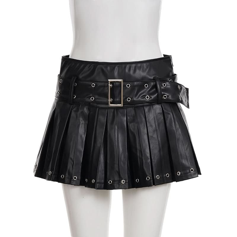 Edgy Chic Faux Leather Pleated Mini Skirt with Grommet Belt - Fall & Halloween Ready
