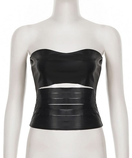 Fierce Faux Leather Strapless Bustier Top with Zipper & Cutout Waist - Fall Nights & Halloween Ready