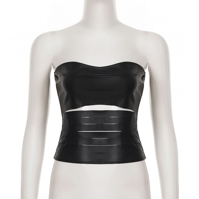 Fierce Faux Leather Strapless Bustier Top with Zipper & Cutout Waist - Fall Nights & Halloween Ready
