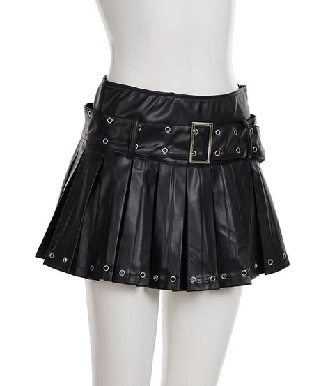 Edgy Chic Faux Leather Pleated Mini Skirt with Grommet Belt - Fall & Halloween Ready