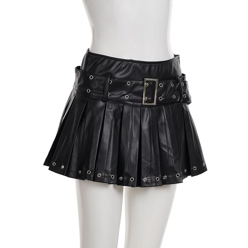 Edgy Chic Faux Leather Pleated Mini Skirt with Grommet Belt - Fall & Halloween Ready