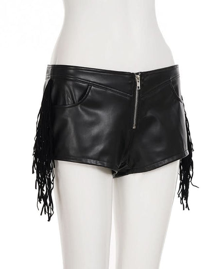 Women's Edgy Faux Leather Fringe Shorts - Zip Front | Fall & Halloween Statement Style